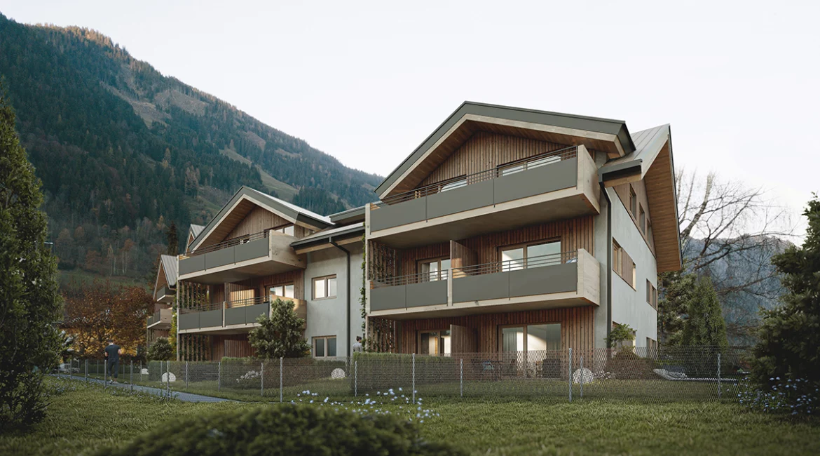 Visualisierung Vollholz Bauprojekt in Goldegg Vorderansicht