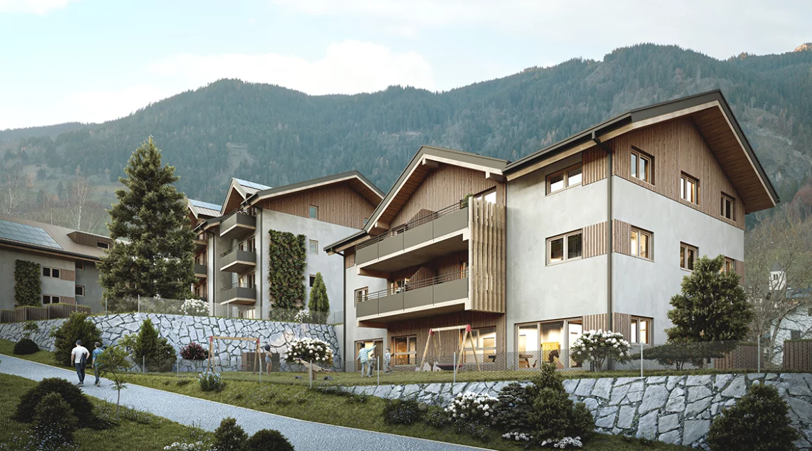Aussenvisualisierung der Wohnanlage Goldegg mit Holzfassade und Kindergarten