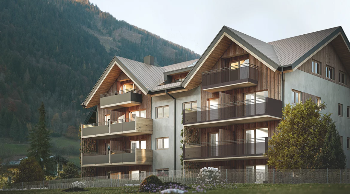 Aussenvisualisierung der Wohnanlage Goldegg mit Holzfassade