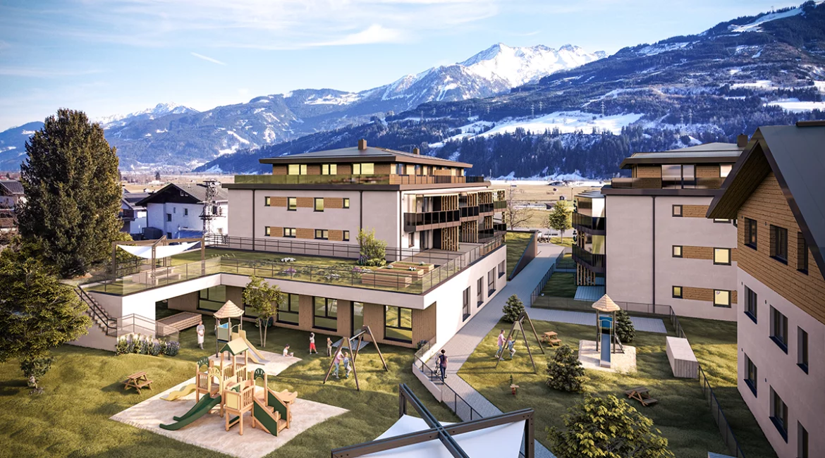 Außenvisualisierung der Wohnanlage in Piesendorf mit einer Kinderbetreuungseinrichtung