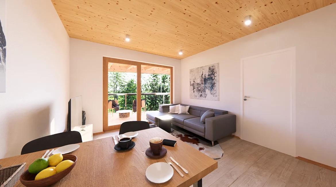 Innenansicht einer Wohnung im Projekt Piesendorf mit Holzsichtdecke