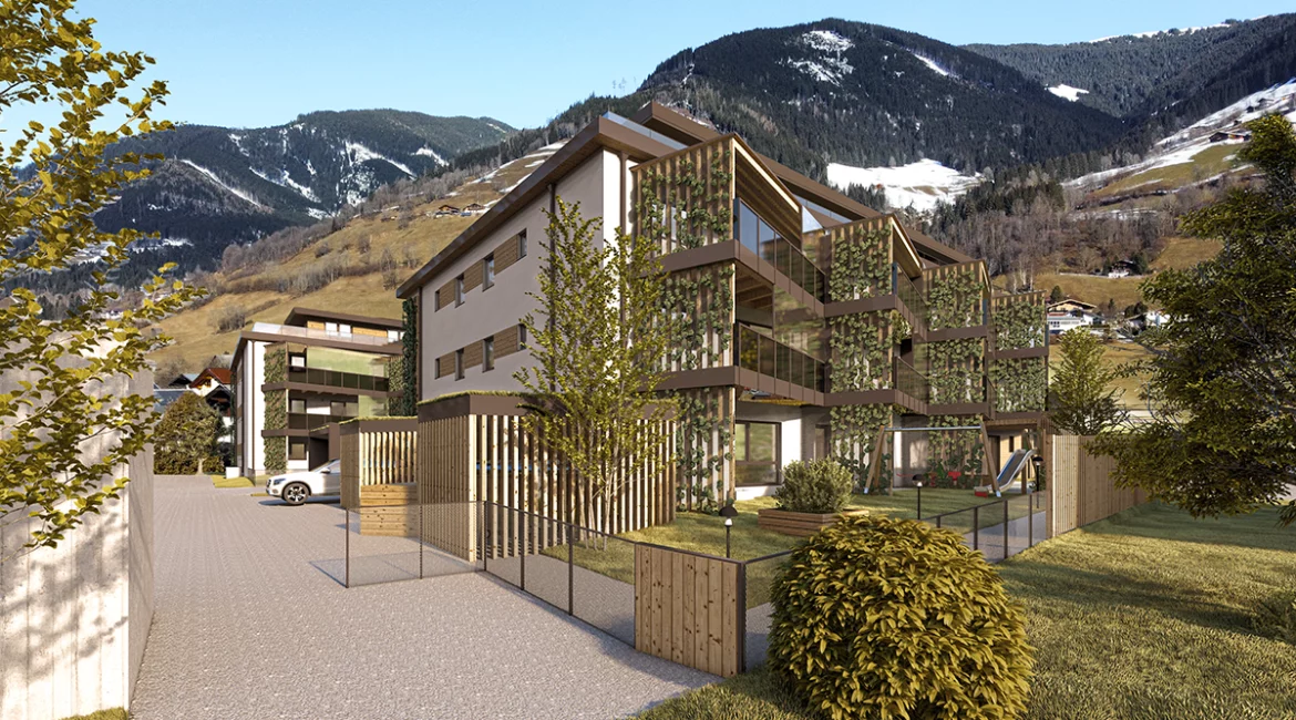 Außenvisualisierung der Wohnanlage in Piesendorf mit Holzelementen