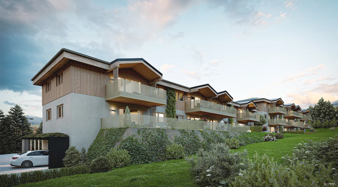 Aussenvisualisierung des Vollholz Bauprojektes Nussdorf am Haunsberg Vorderansicht