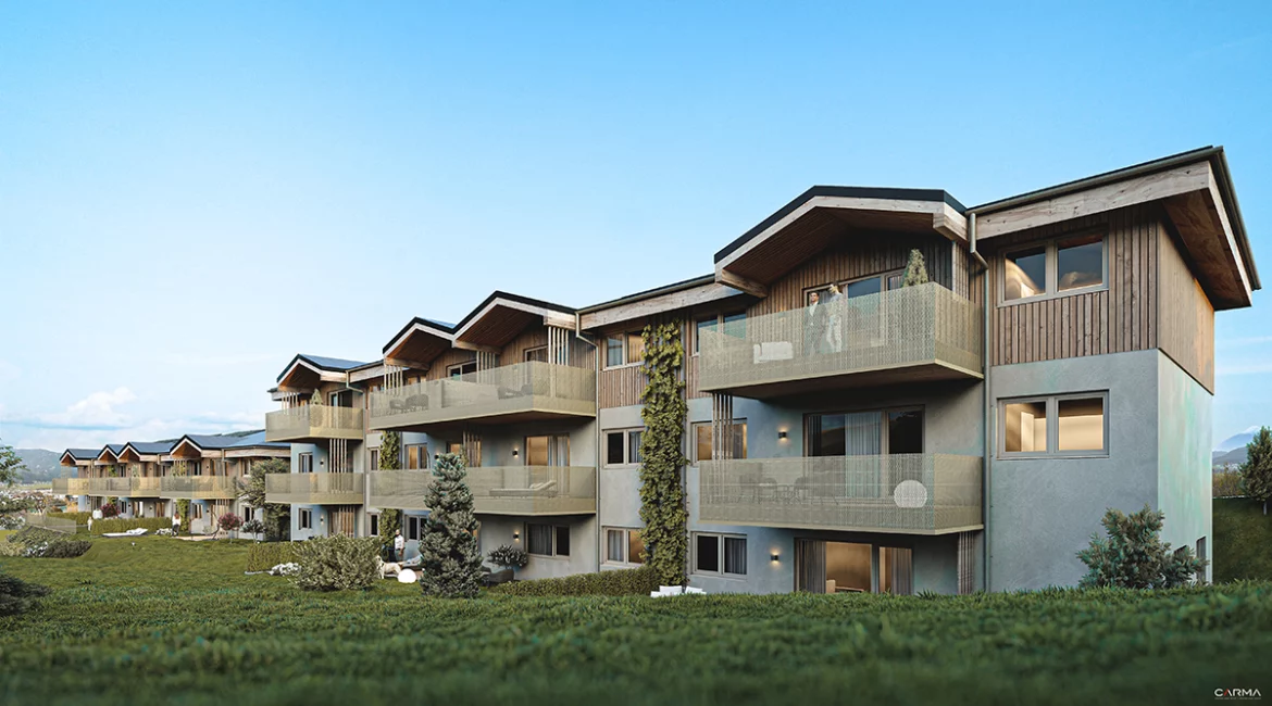 Aussenvisualisierung des Vollholz Bauprojektes Nussdorf am Haunsberg Vorderansicht